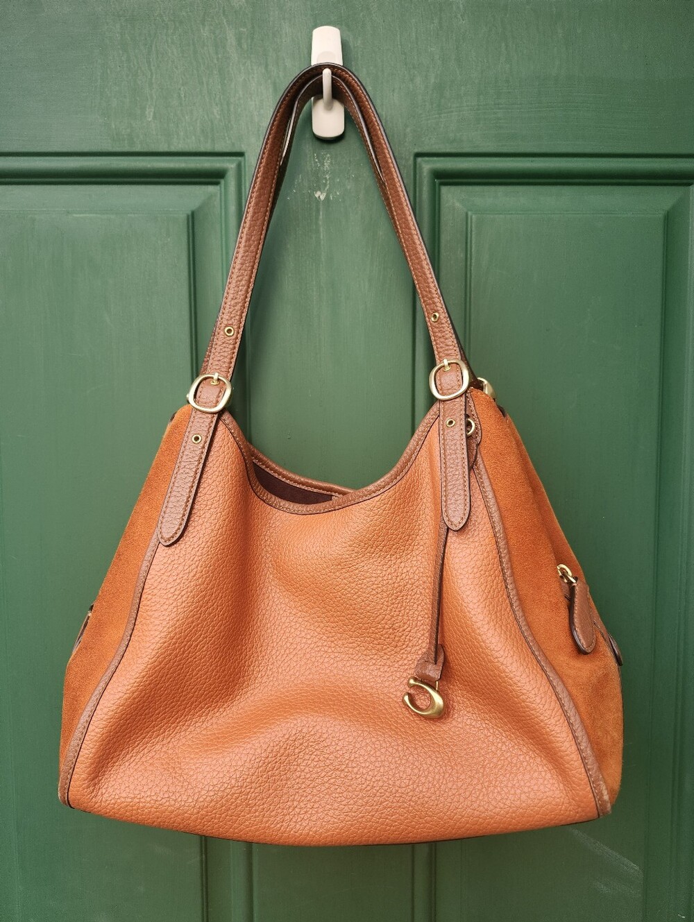 Coach Lori Canyon Mixed Pebbled Leather And Suede Shoulder Bag Purse Rust Orange
